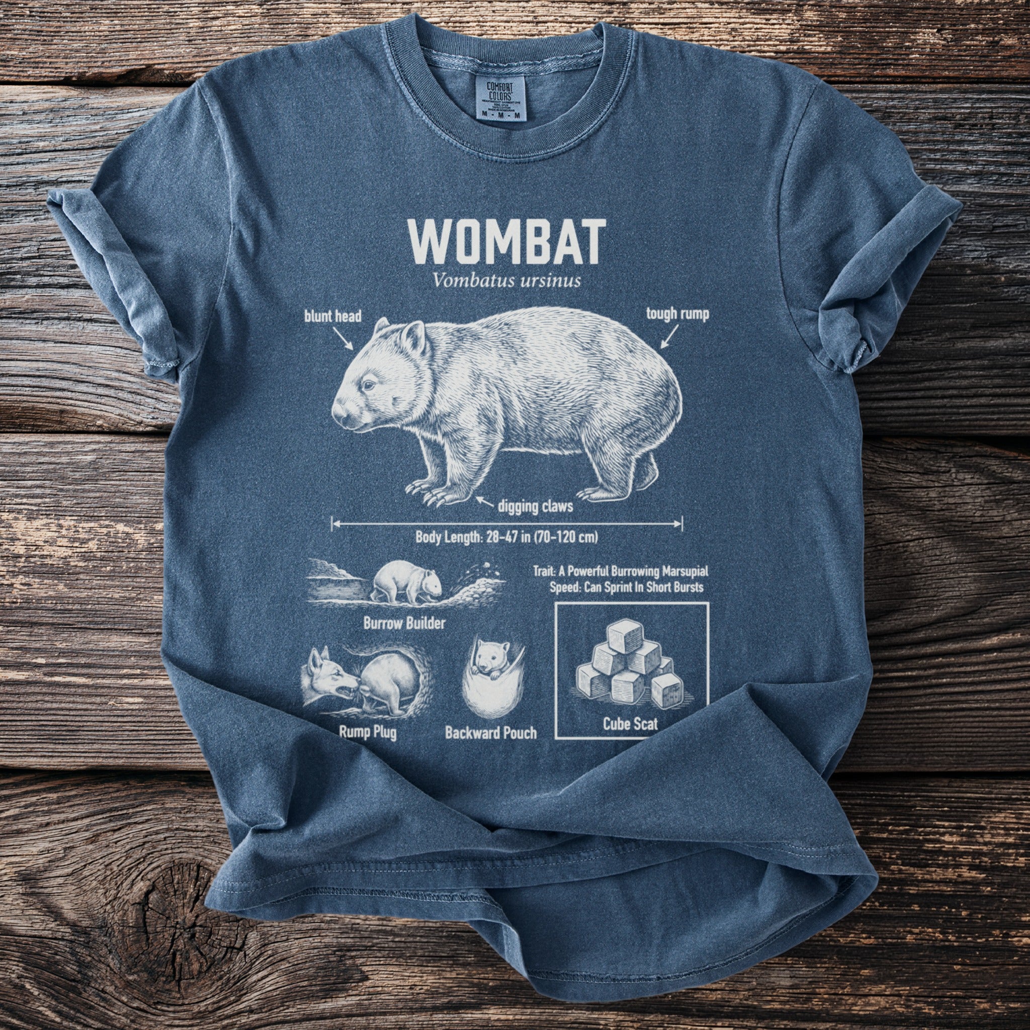 Blue t-shirt with a scientific diagram of a wombat and its features.
