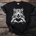 Black t-shirt with a white wolf head making a heart shape with its paws.