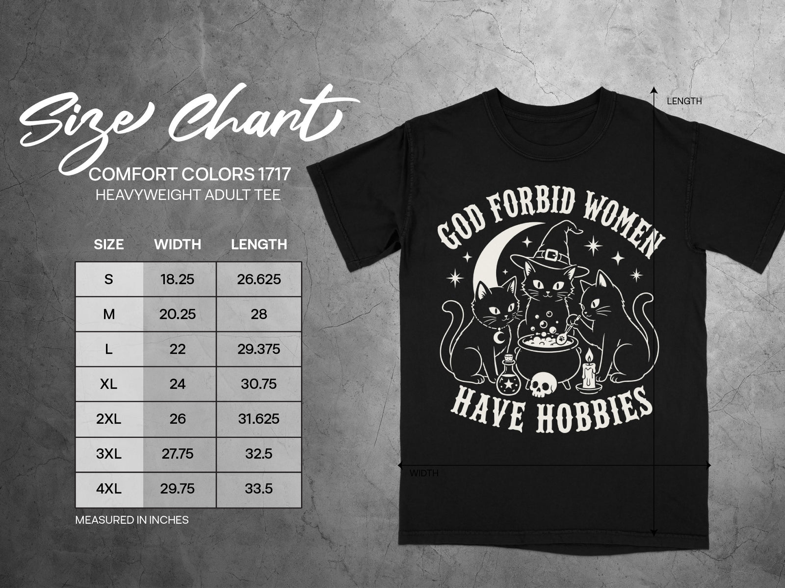 Black t-shirt with "God Forbid Women Have Hobbies" text and cats graphic, with size chart.