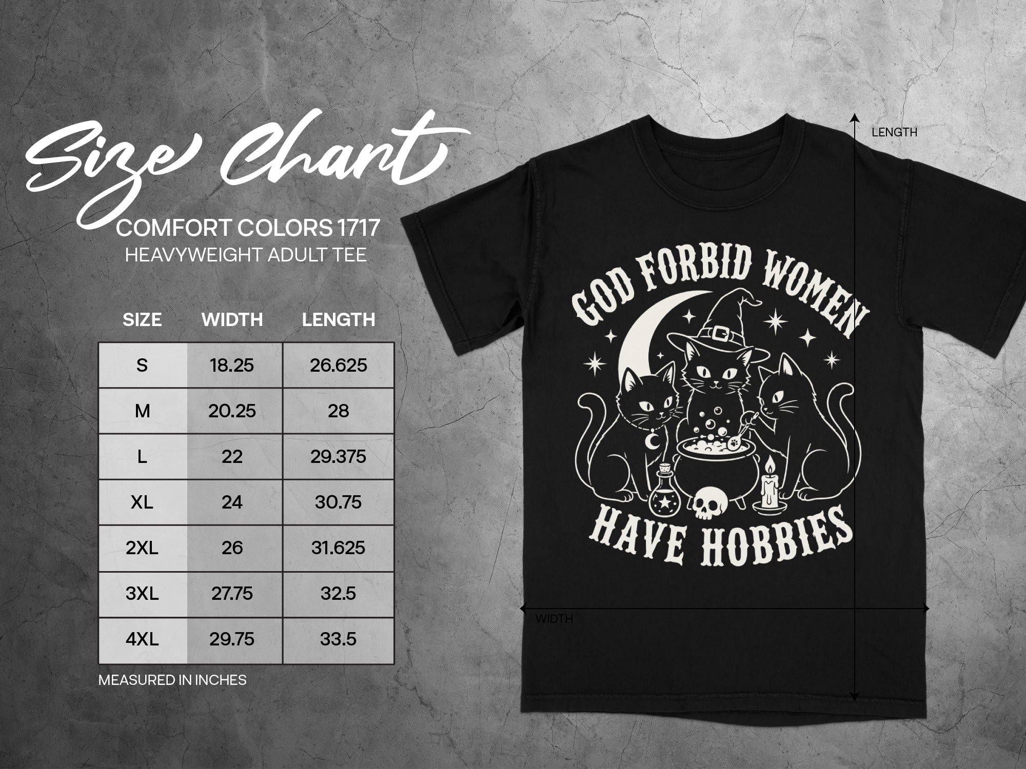 Black t-shirt with "God Forbid Women Have Hobbies" text and cats graphic, with size chart.
