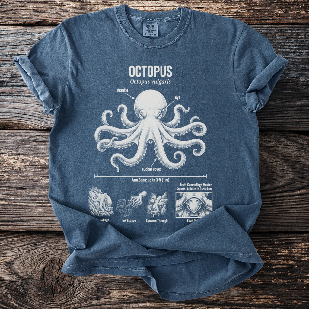 Blue t-shirt with anatomical illustration of an octopus and its traits.