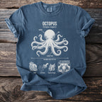 Blue t-shirt with anatomical illustration of an octopus and its traits.