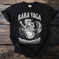 Black t-shirt with "Baba Yaga" text and a witch riding a mortar and broom.