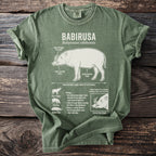 Green t-shirt with white graphic of a babirusa, its features, and biology.