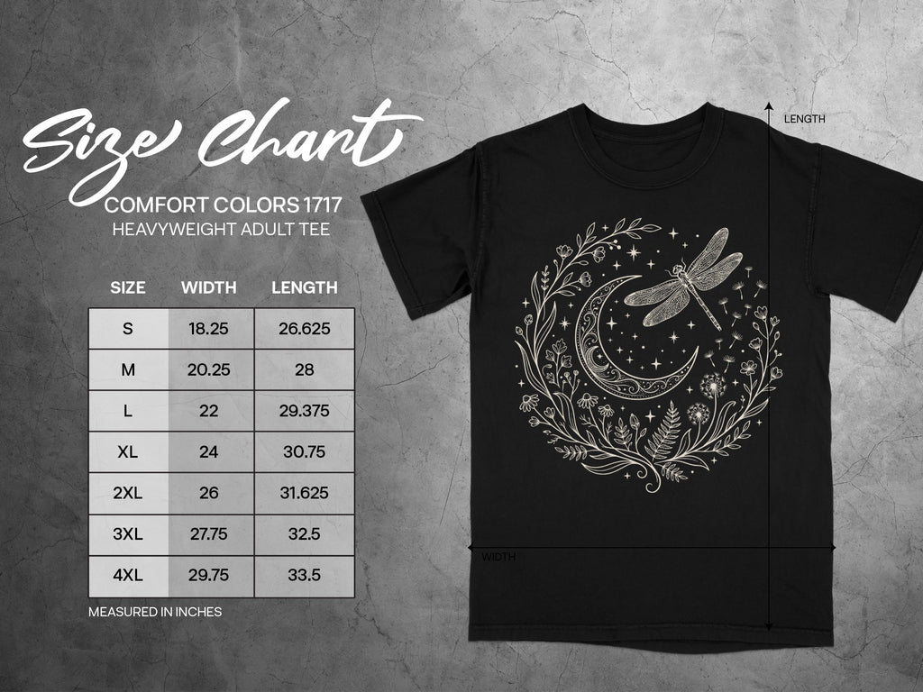 Comfort Colors 1717 size chart for heavyweight adult tees, measured in inches.