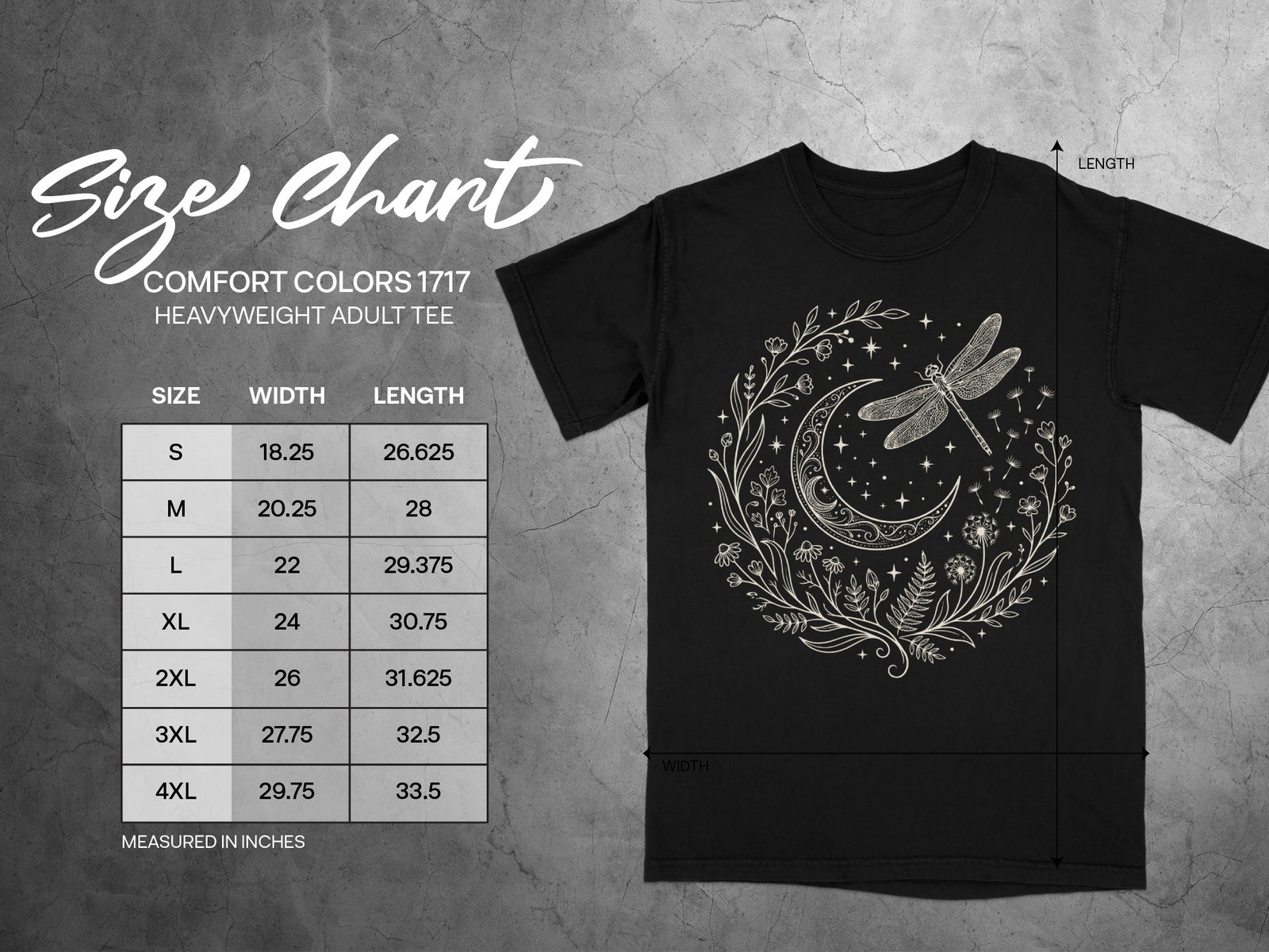 Comfort Colors 1717 size chart for heavyweight adult tees, measured in inches.