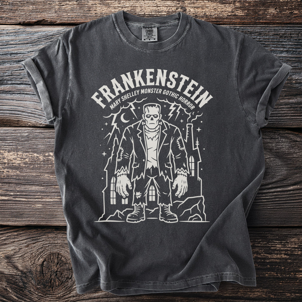 Frankenstein graphic t-shirt with "Mary Shelley Gothic Horror" text detail.