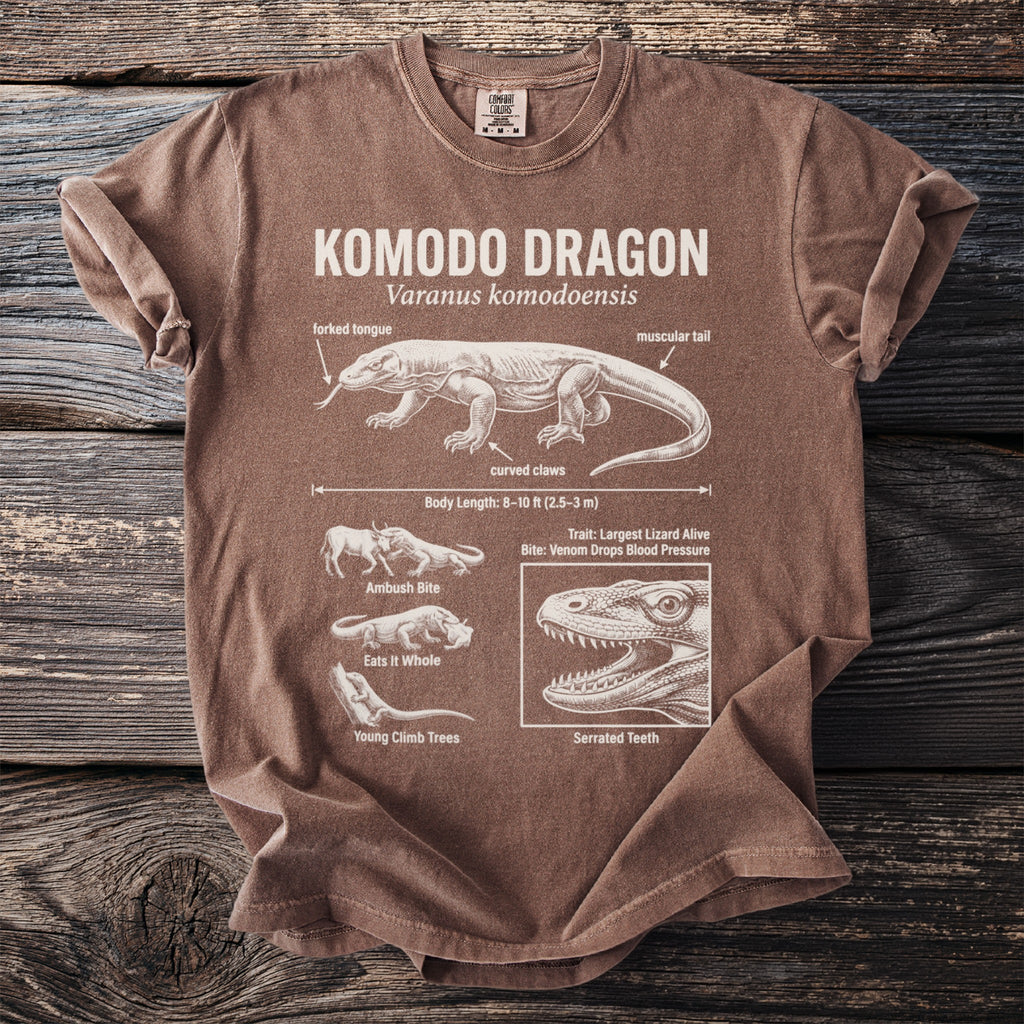 Brown t-shirt featuring diagram of Komodo dragon with labeled anatomical details and behaviors.