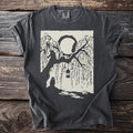 Dark gray t-shirt with a cream graphic of a seated cat beneath willow branches, a lantern, and a full moon.