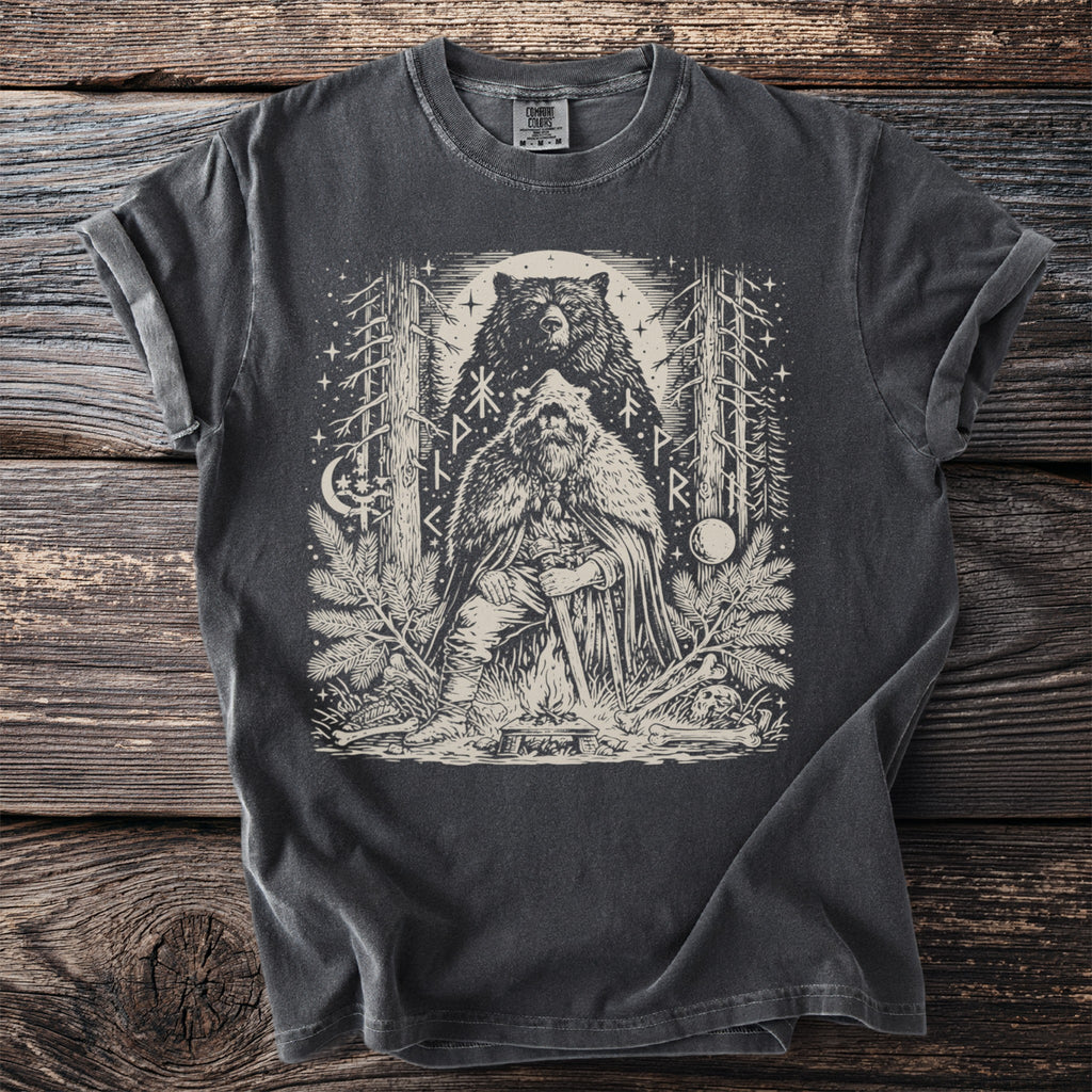 Viking warrior with bear and runes in forest setting on charcoal t-shirt.