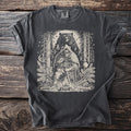 Viking warrior with bear and runes in forest setting on charcoal t-shirt.