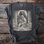 Viking warrior with bear and runes in forest setting on charcoal t-shirt.