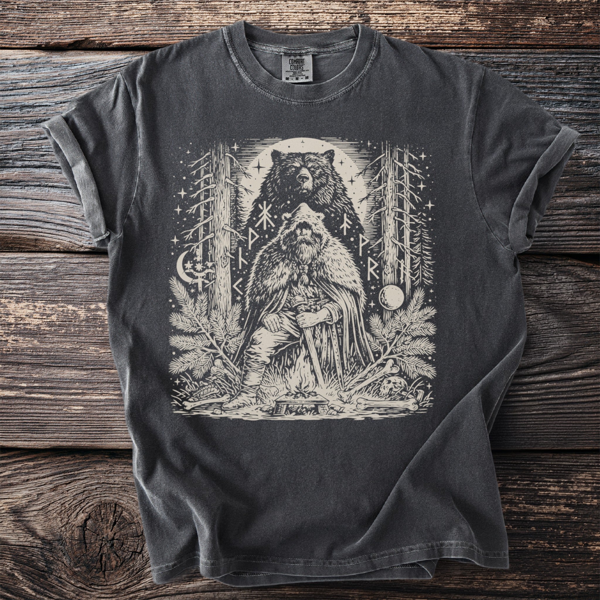Viking warrior with bear and runes in forest setting on charcoal t-shirt.