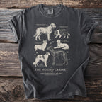 T-shirt with "The Hound Cabinet Canis Familiaris Plate XXIX" text and illustrations of six dog breeds.