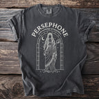 Persephone Greek mythology spring goddess graphic on charcoal t-shirt.