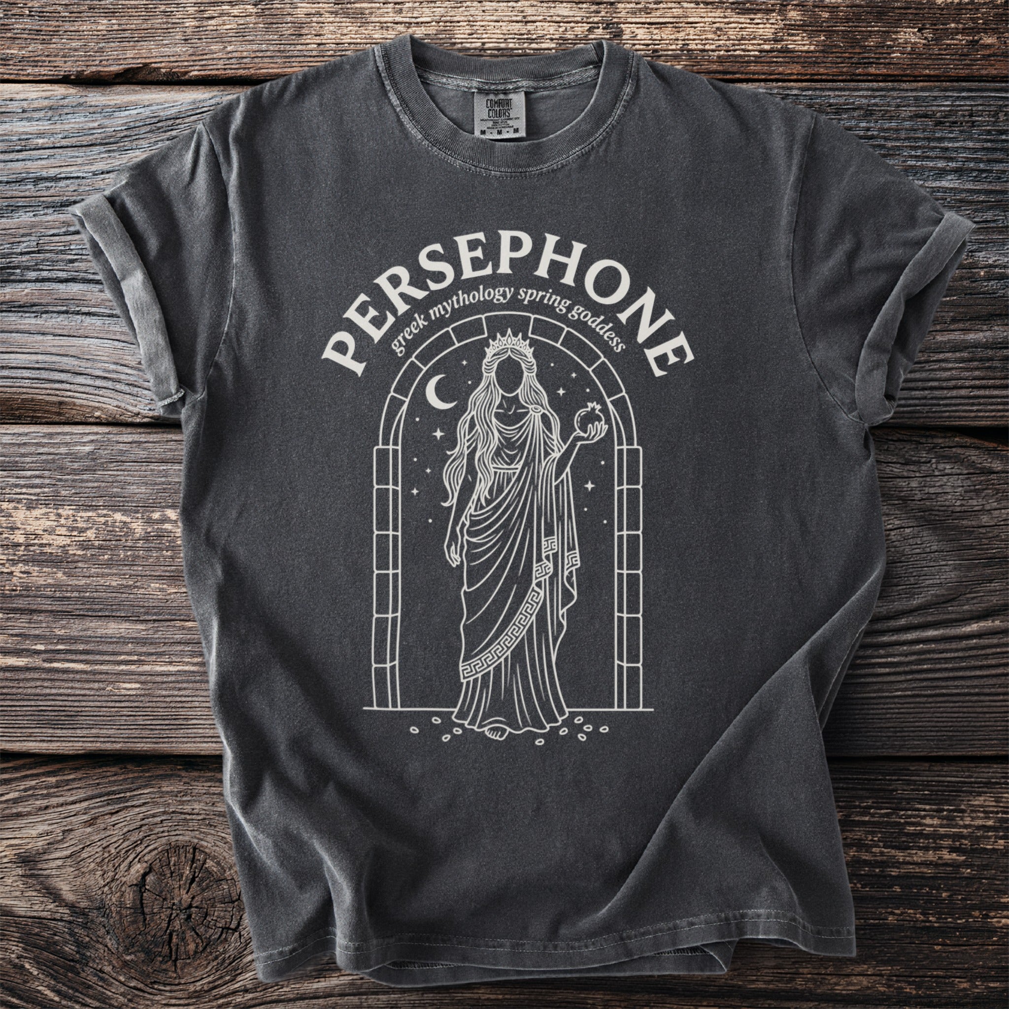 Persephone Greek mythology spring goddess graphic on charcoal t-shirt.