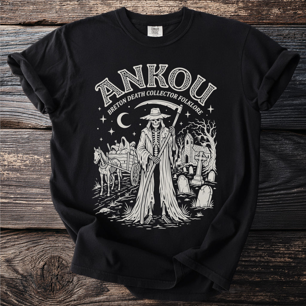 Grim reaper with scythe, cart, horse, and church in Breton Death Collector folklore design.