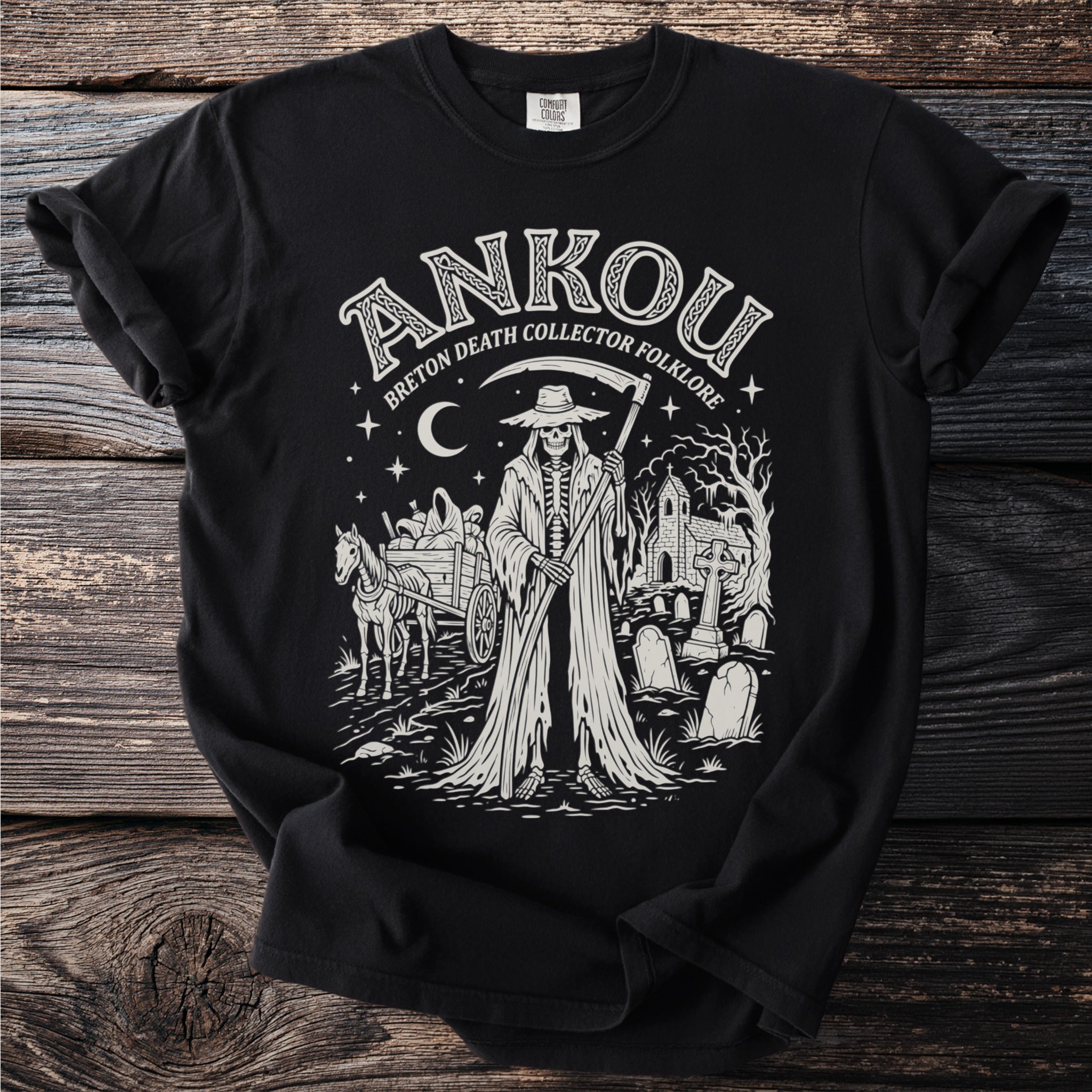 Grim reaper with scythe, cart, horse, and church in Breton Death Collector folklore design.