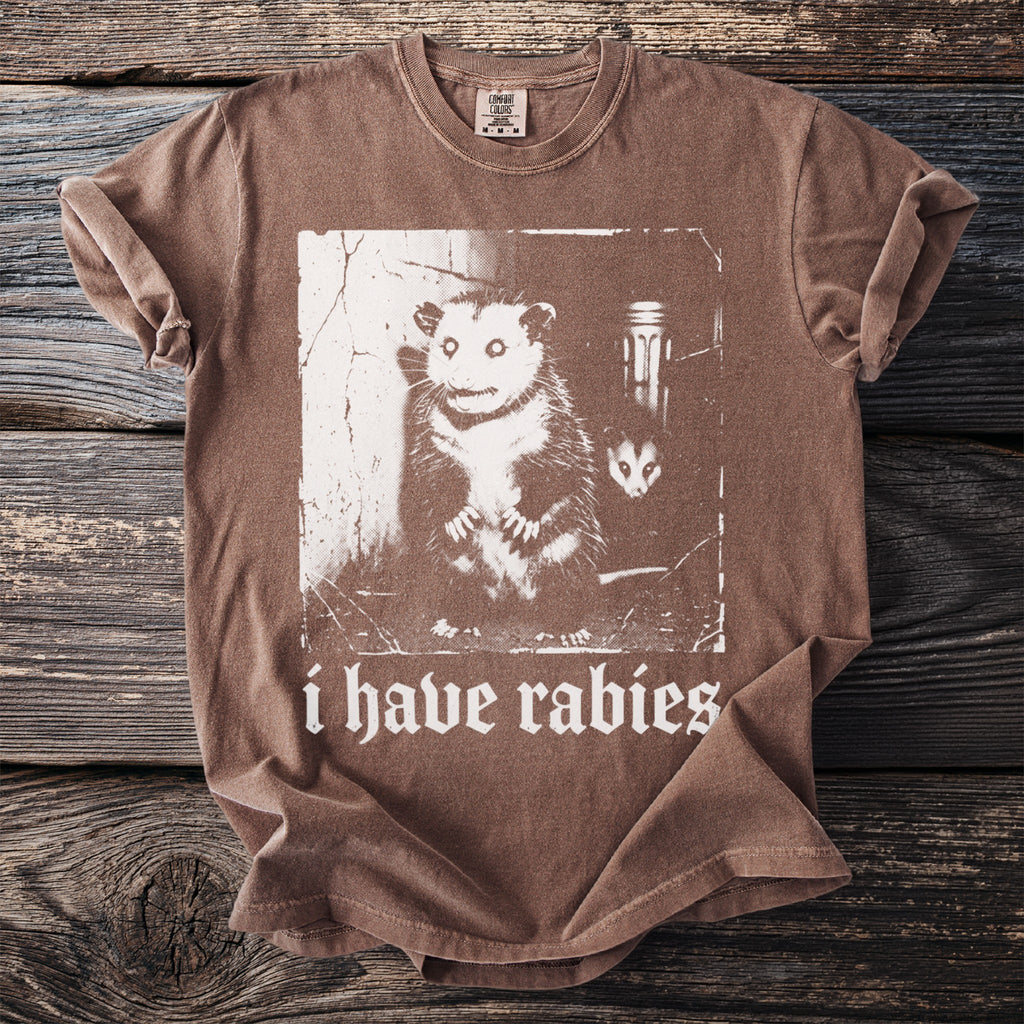 Brown t-shirt with graphic of two possums and text "i have rabies".