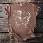 Brown t-shirt featuring a sketch of a skeletal figure in a Santa hat holding a lantern.