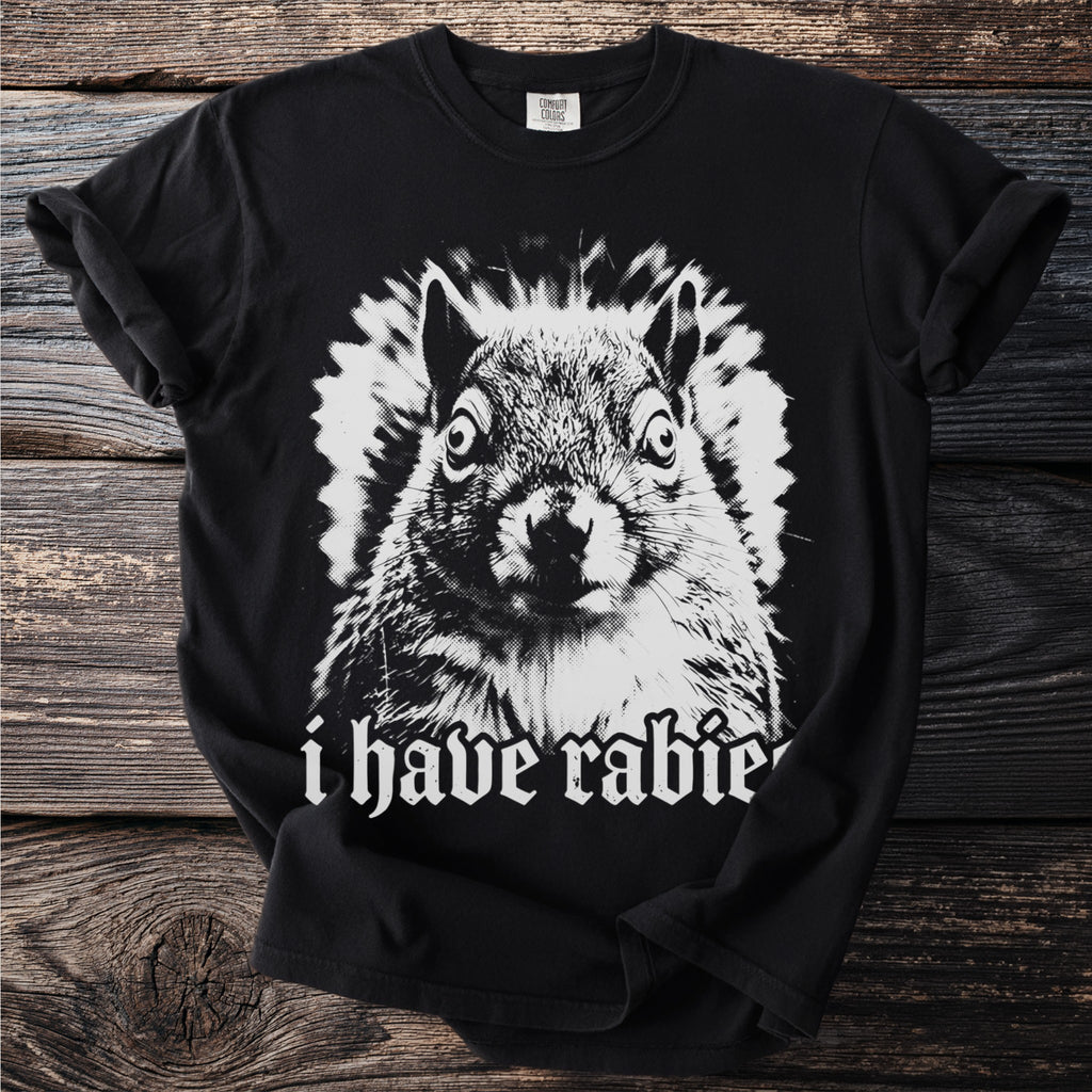Black t-shirt with a distressed print of a squirrel face and "i have rabie" text.