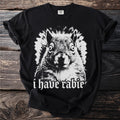 Black t-shirt with a distressed print of a squirrel face and "i have rabie" text.