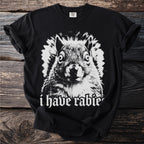 Black t-shirt with a distressed print of a squirrel face and "i have rabie" text.