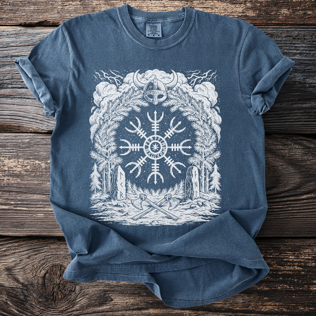 Blue t-shirt with Viking graphic featuring a helmet, rune stone, and axes.