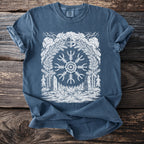 Blue t-shirt with Viking graphic featuring a helmet, rune stone, and axes.