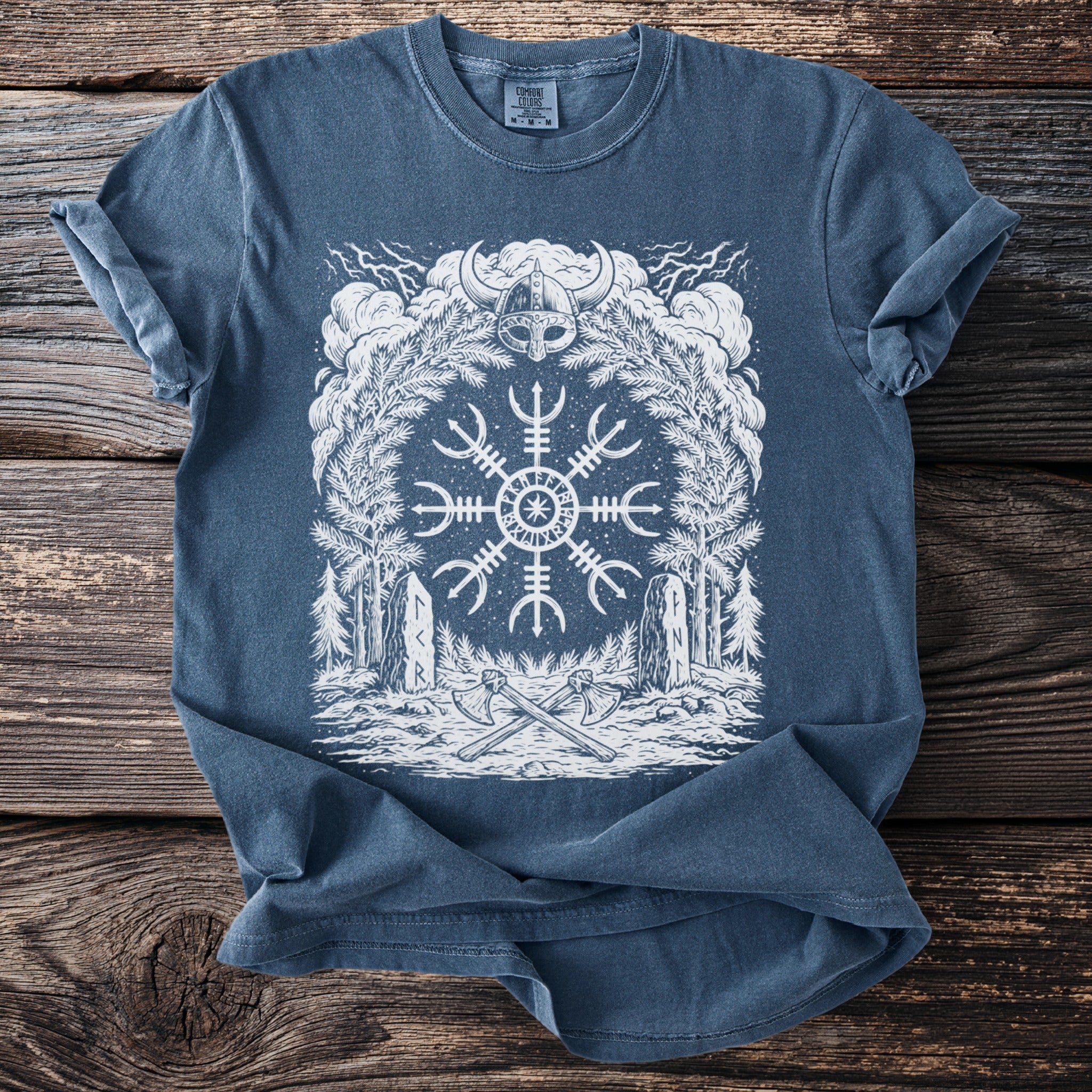 Blue t-shirt with Viking graphic featuring a helmet, rune stone, and axes.