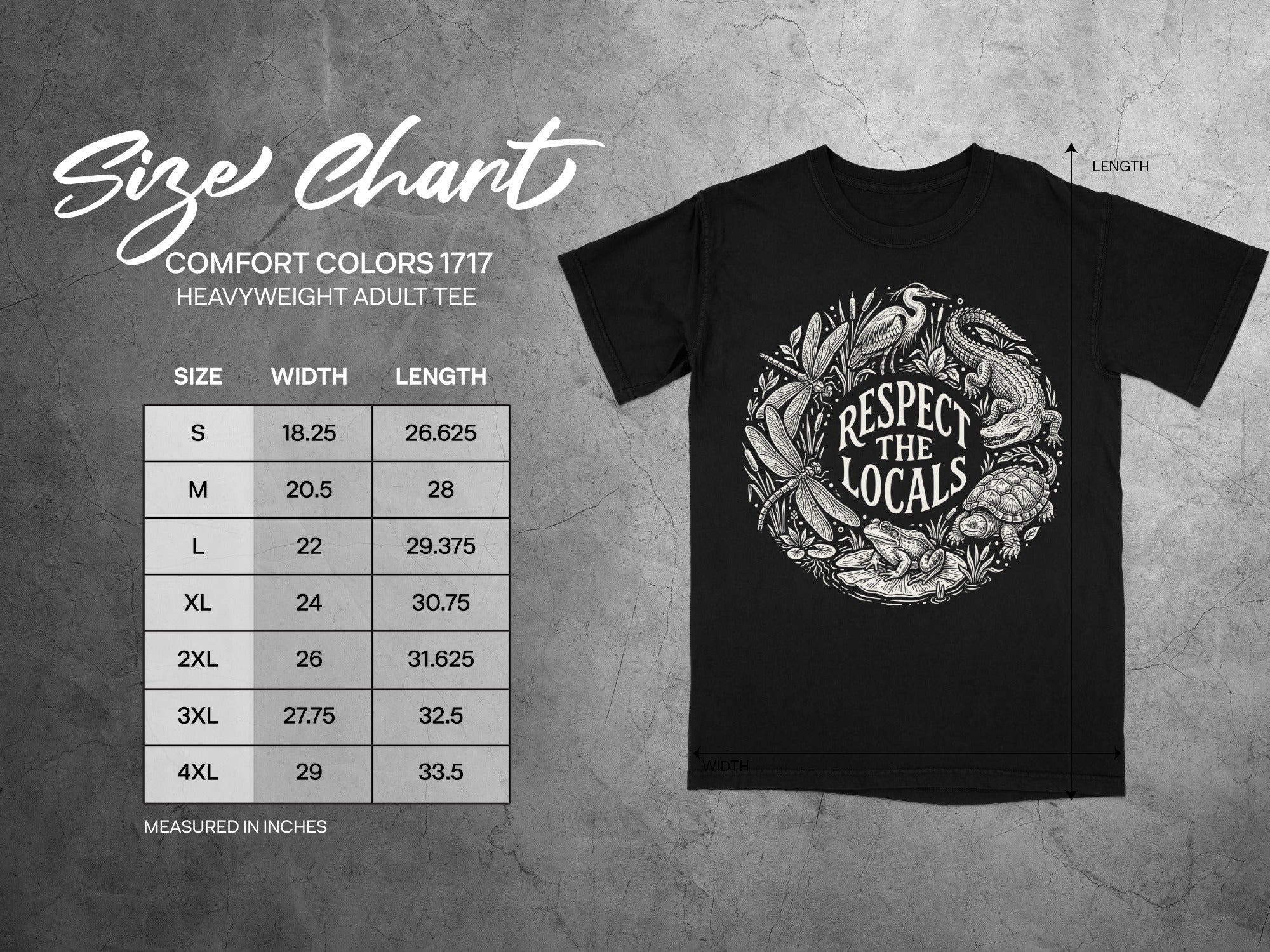 Comfort Colors 1717 heavyweight adult tee size chart with width and length measurements.