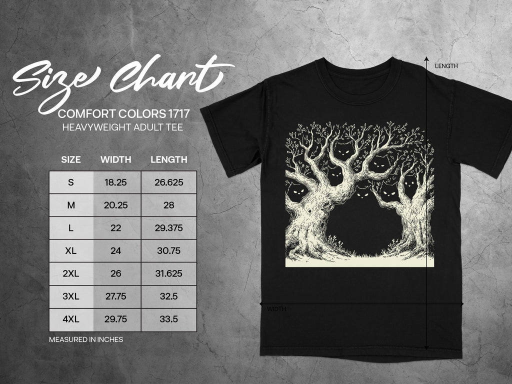 Comfort Colors 1717 heavyweight adult tee size chart with width and length measurements.