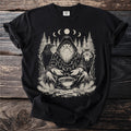 Black t-shirt with print of a hooded figure, raven, wolf, trees, and runes.