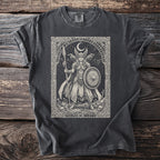Dark grey t-shirt with Viking warrior art, raven, moon, and runes.