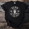 Black t-shirt with "Elen of the Ways" circular graphic featuring a goddess and deer.