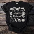 Black t-shirt with sea creatures and text "respect the locals".