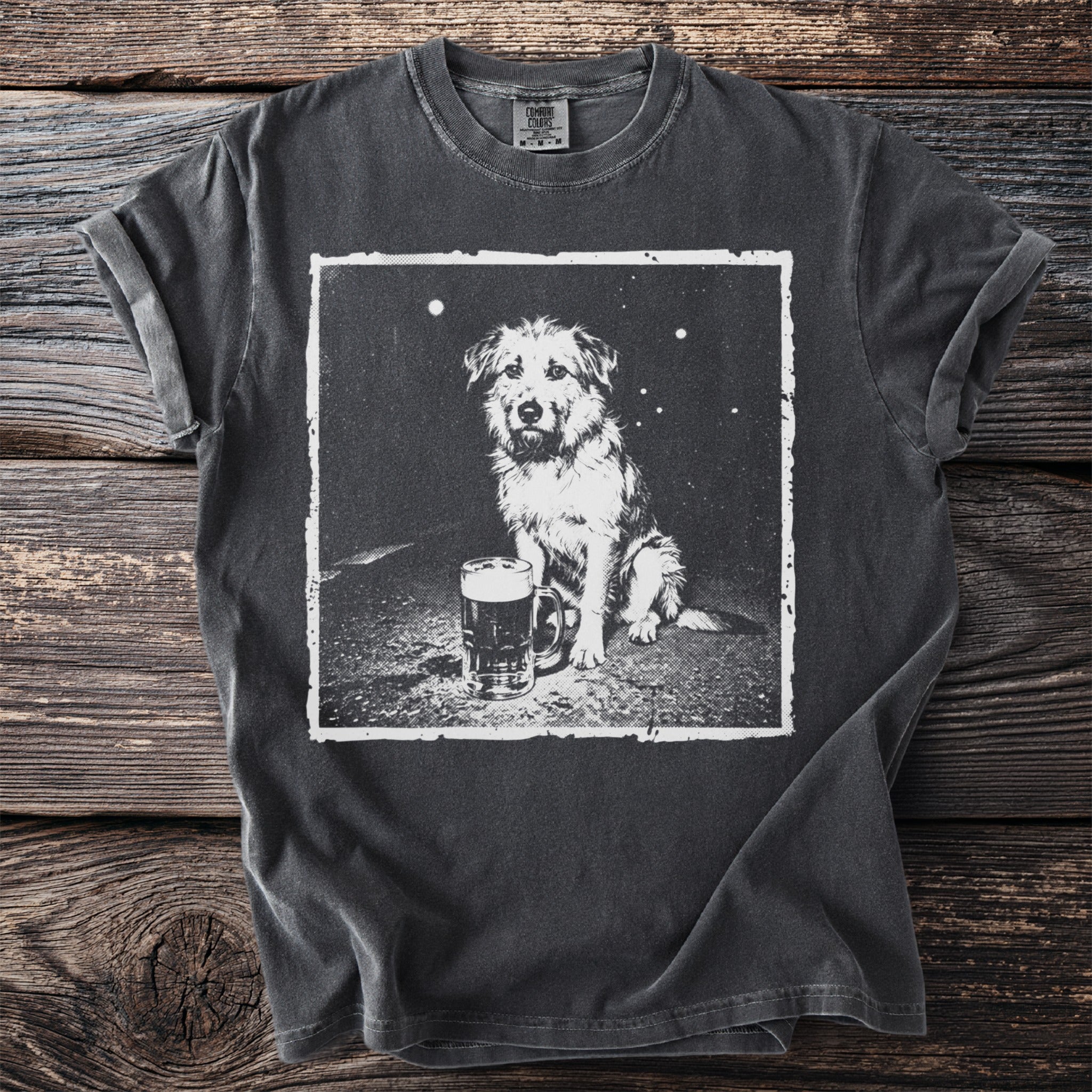 Dark t-shirt with a printed image of a dog and a beer mug.