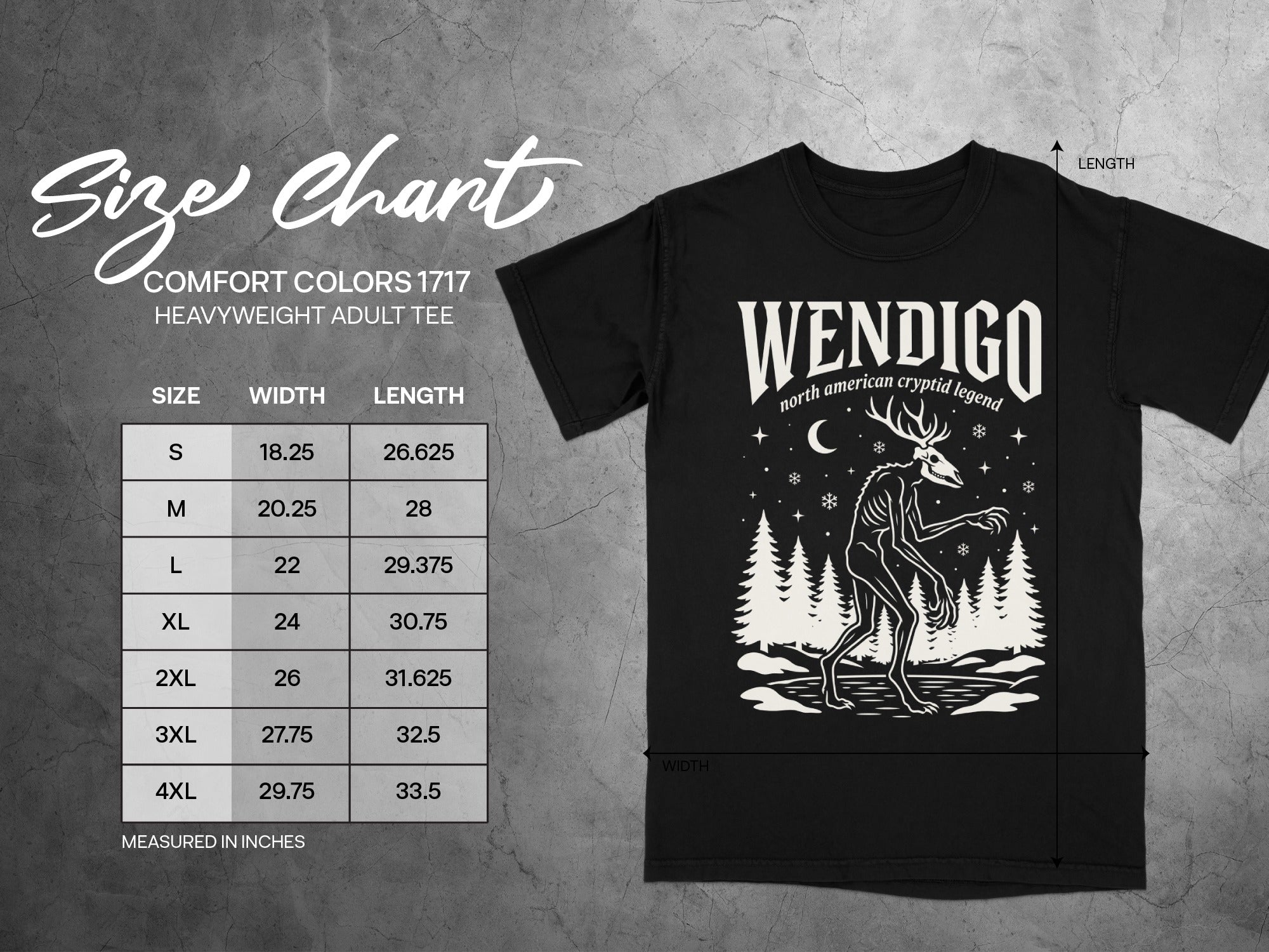 Black Comfort Colors 1717 adult tee size chart with Wendigo graphic.