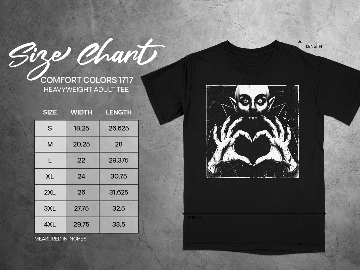 Size chart for Comfort Colors 1717 heavyweight adult tee with width and length measurements.