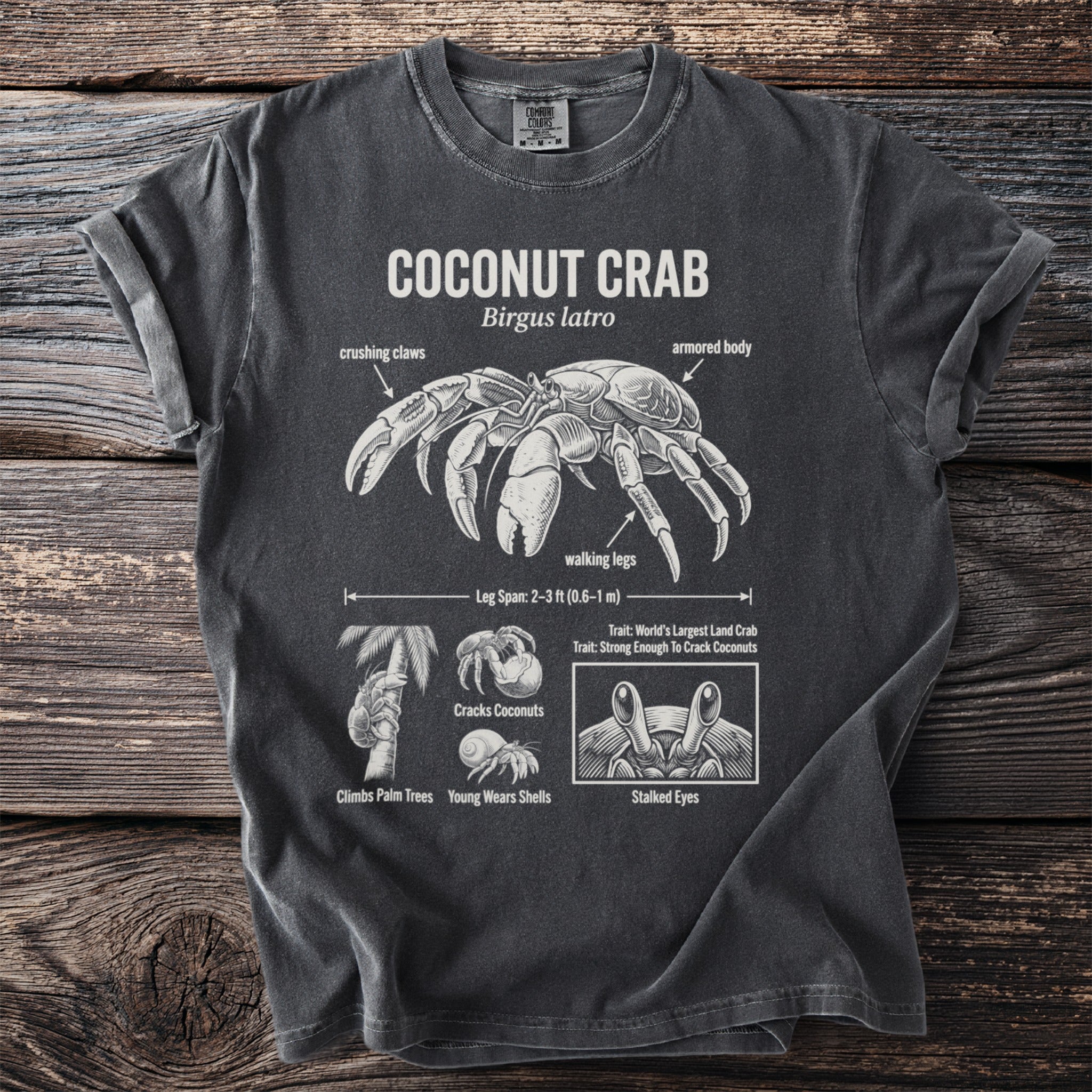 Dark t-shirt with detailed coconut crab diagram and text.
