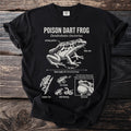 Black t-shirt with scientific illustrations of a poison dart frog and its traits.