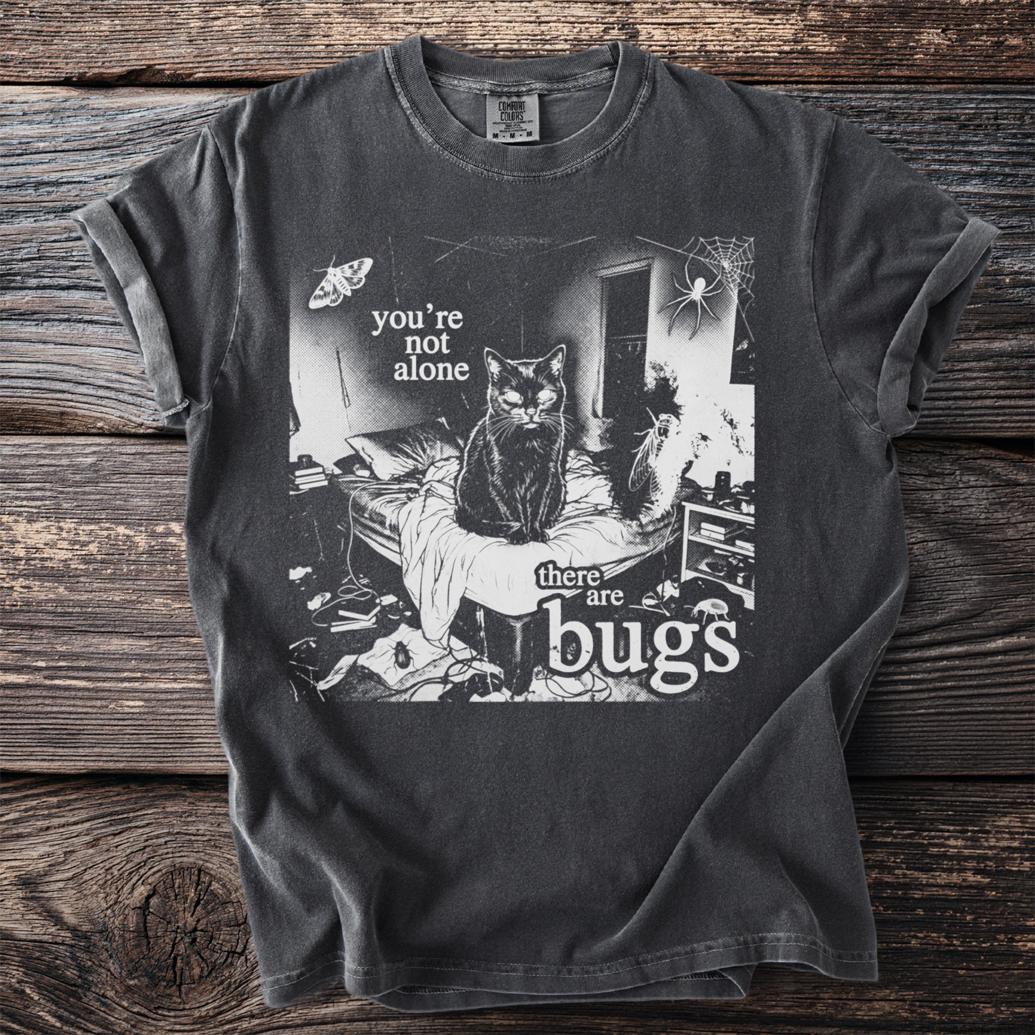 Black cat on a messy bed with text "you're not alone there are bugs".
