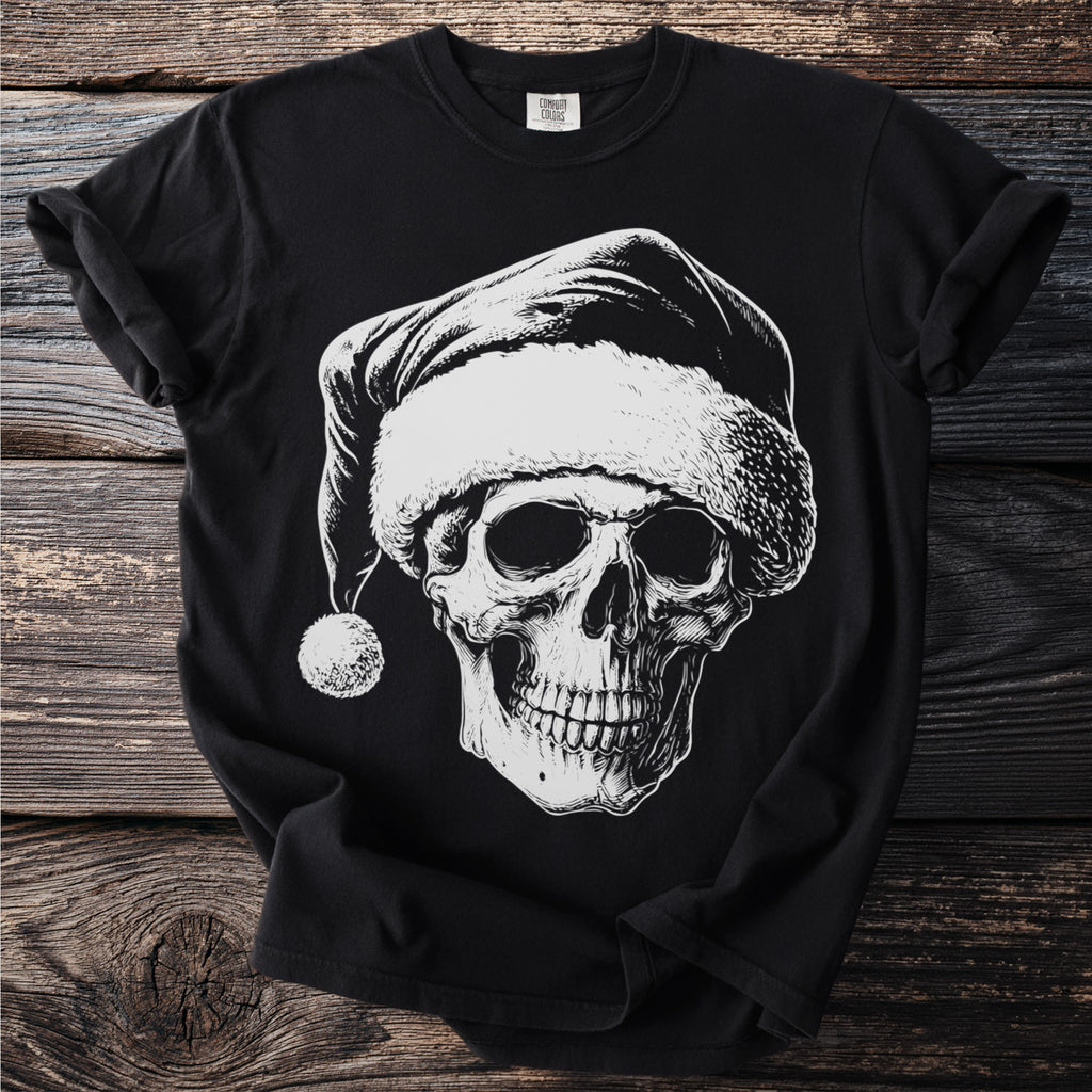 Black t-shirt with a white skull wearing a Santa hat graphic.