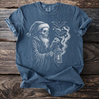 Skeleton in Santa hat holding lantern with bats and snowflakes on blue t-shirt.