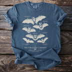 Blue t-shirt with illustrations of bats labeled "Indian Flying Fox" and "Vampire Bat".