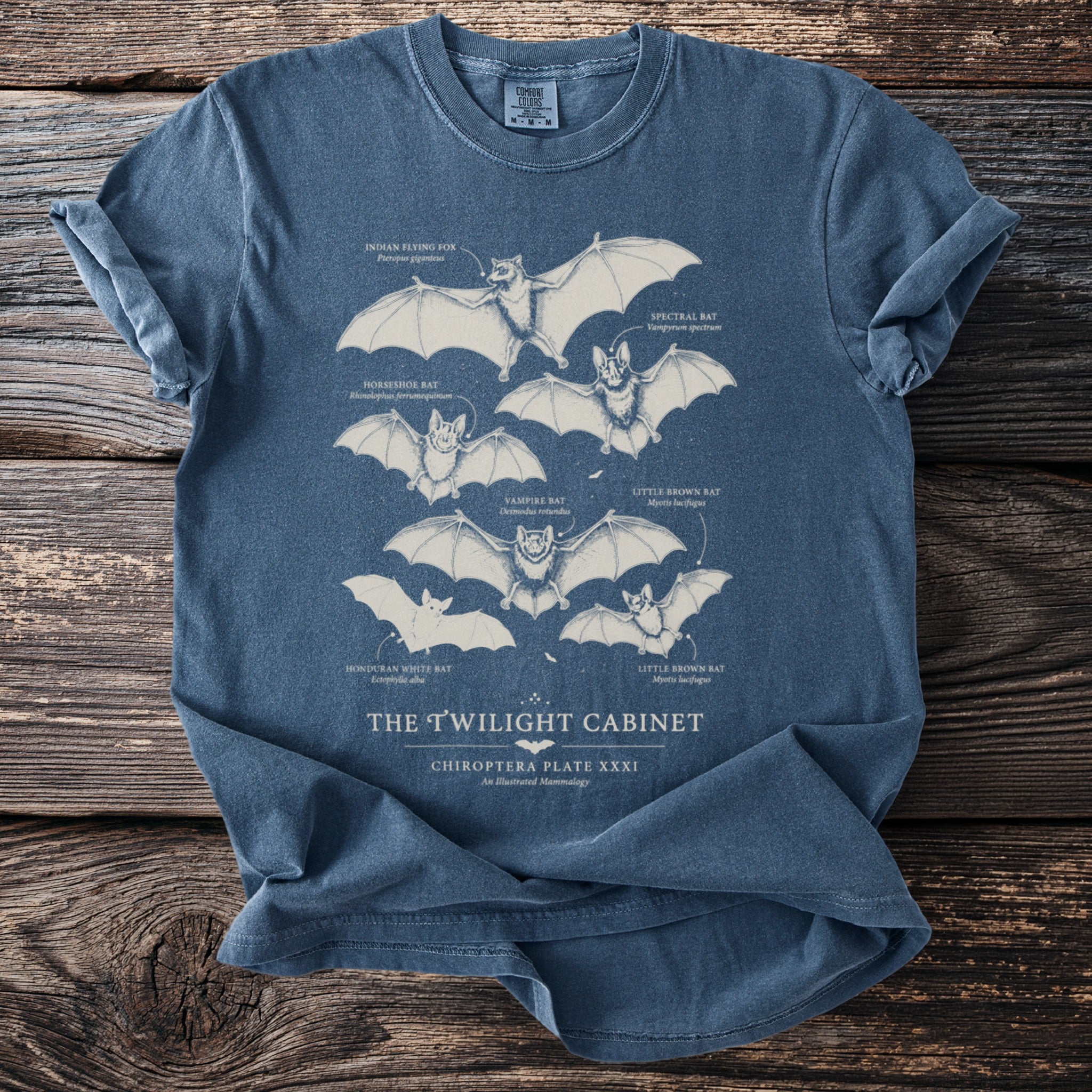 Blue t-shirt with illustrations of bats labeled "Indian Flying Fox" and "Vampire Bat".