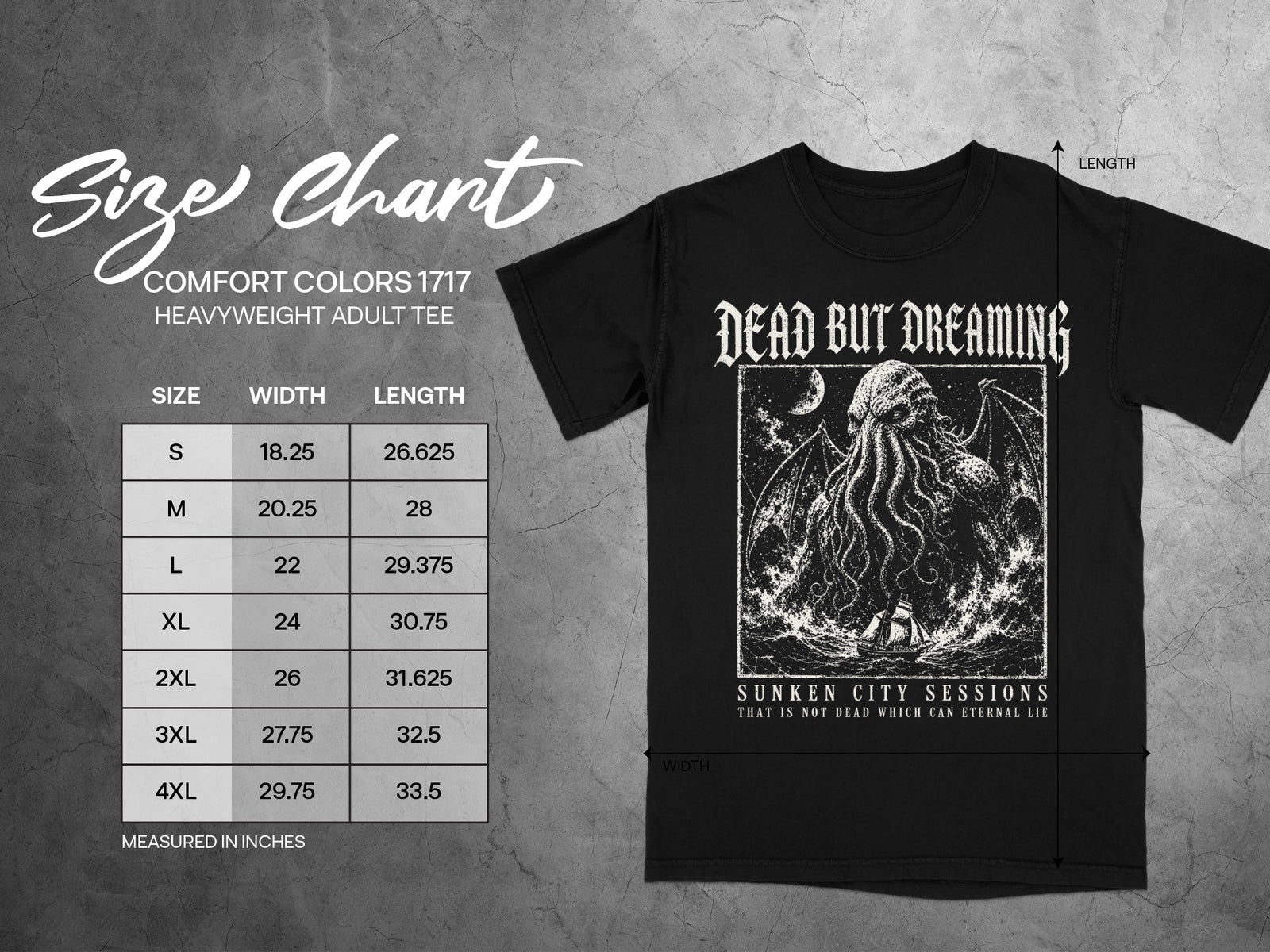Black t-shirt with "Dead But Dreaming" graphic and size chart.