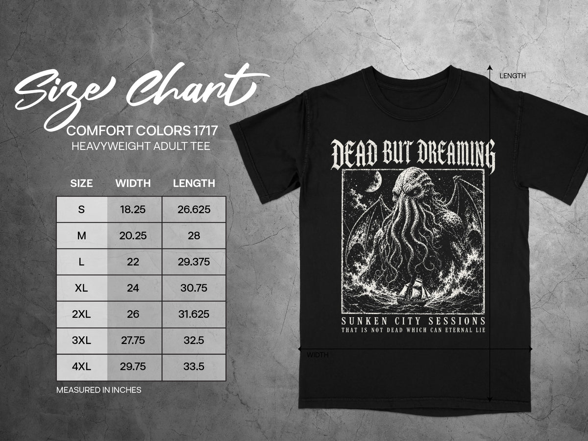 Black t-shirt with "Dead But Dreaming" graphic and size chart.