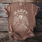 Brown t-shirt with white graphic: "HARPY" and a winged creature.