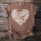 Brown t-shirt with white graphic of two bats within a heart design.